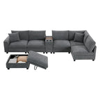 U Shaped Chenille Sofa w/Ottoman,Console,Cup Holder,Wide Seat,USB