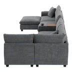 U Shaped Chenille Sofa w/Ottoman,Console,Cup Holder,Wide Seat,USB