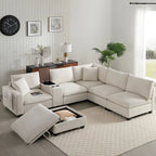U Shaped Chenille Sofa w/Ottoman,Console,Cup Holder,Wide Seat,USB