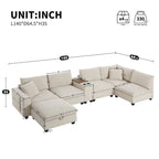 U Shaped Chenille Sofa w/Ottoman,Console,Cup Holder,Wide Seat,USB