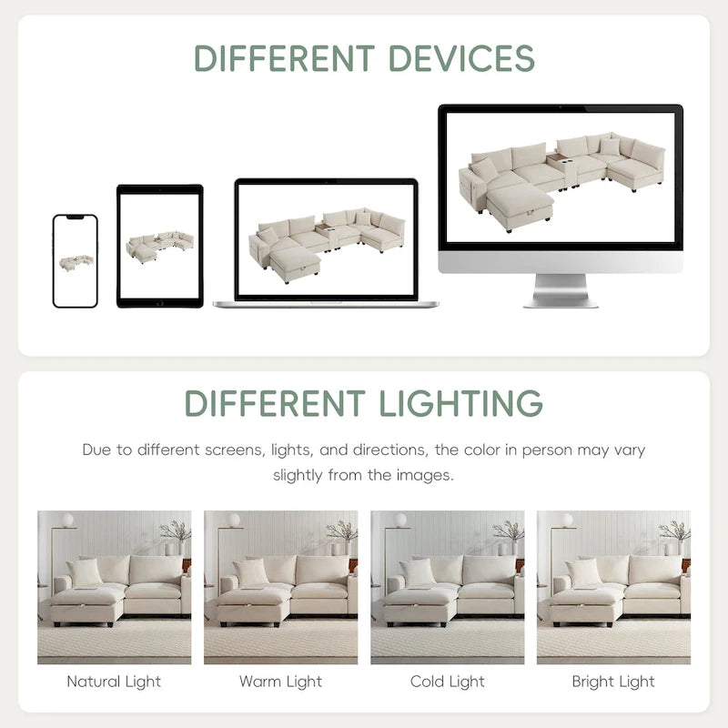 U Shaped Chenille Sofa w/Ottoman,Console,Cup Holder,Wide Seat,USB