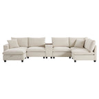 U Shaped Chenille Sofa w/Ottoman,Console,Cup Holder,Wide Seat,USB