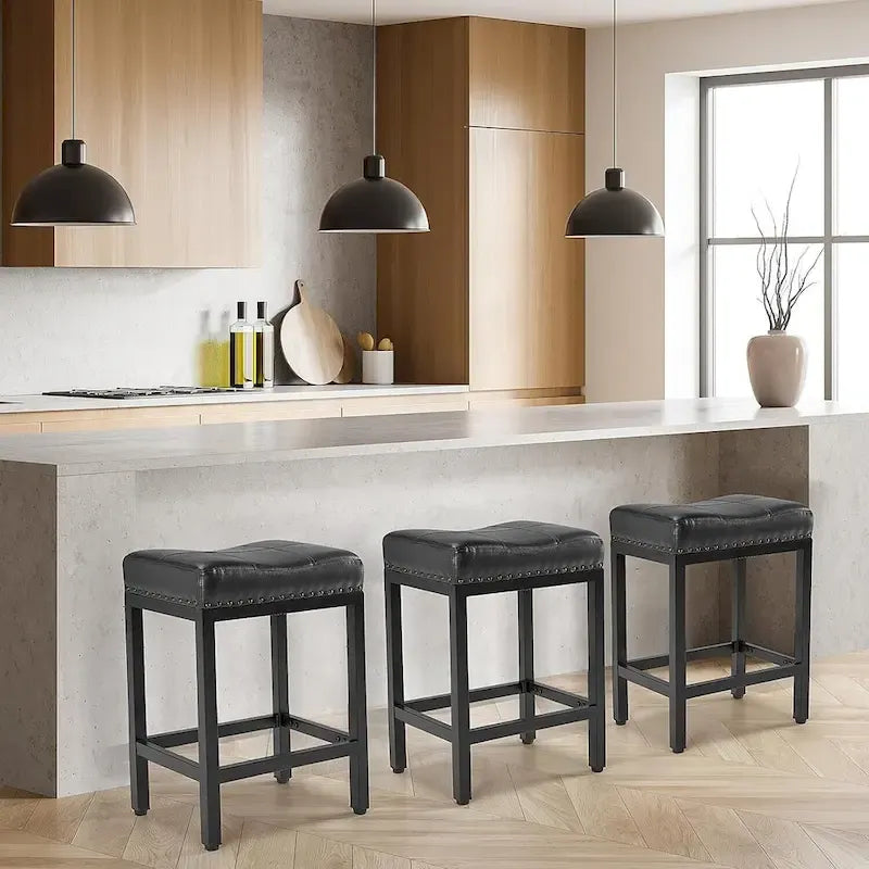 24 in. H Upholated PU Leather Thick Saddle Seat Counter Bar Stools Set of 2, Kitchen Chairs with Metal Base
