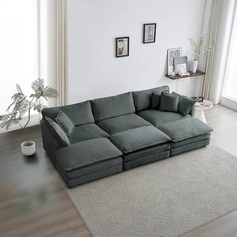 Canapé d'angle modulable 6 places en U avec assise profonde réversible et 3 poufs