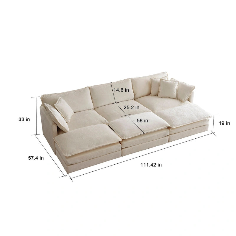 Canapé d'angle modulable 6 places en U avec assise profonde réversible et 3 poufs