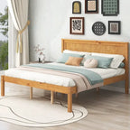 Pine Wooden Platform Bed with Headboard and Wood Slat Support for Bedroom