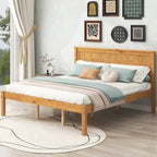 Pine Wooden Platform Bed with Headboard and Wood Slat Support for Bedroom