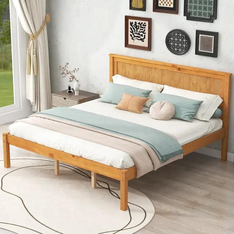 Pine Wooden Platform Bed with Headboard and Wood Slat Support for Bedroom