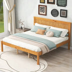 Pine Wooden Platform Bed with Headboard and Wood Slat Support for Bedroom
