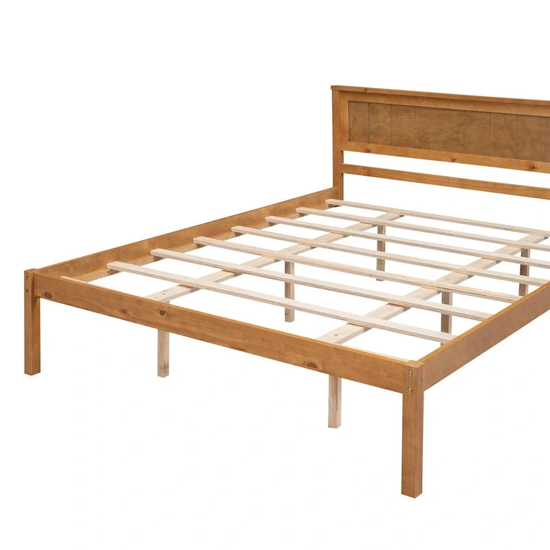 Pine Wooden Platform Bed with Headboard and Wood Slat Support for Bedroom