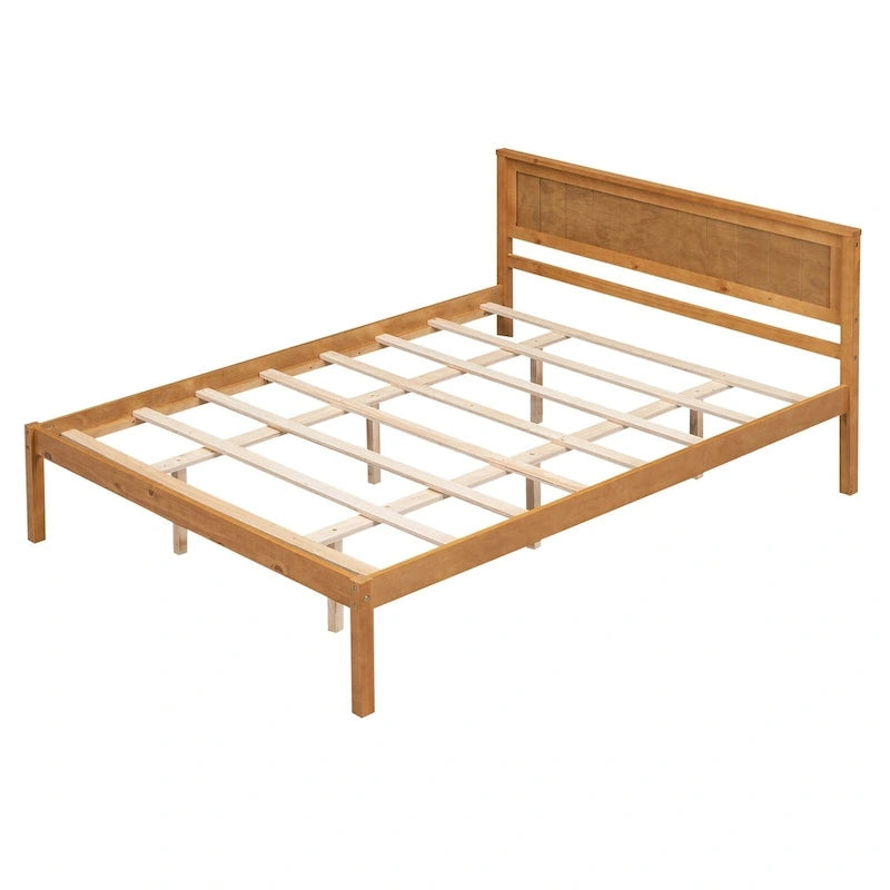 Pine Wooden Platform Bed with Headboard and Wood Slat Support for Bedroom
