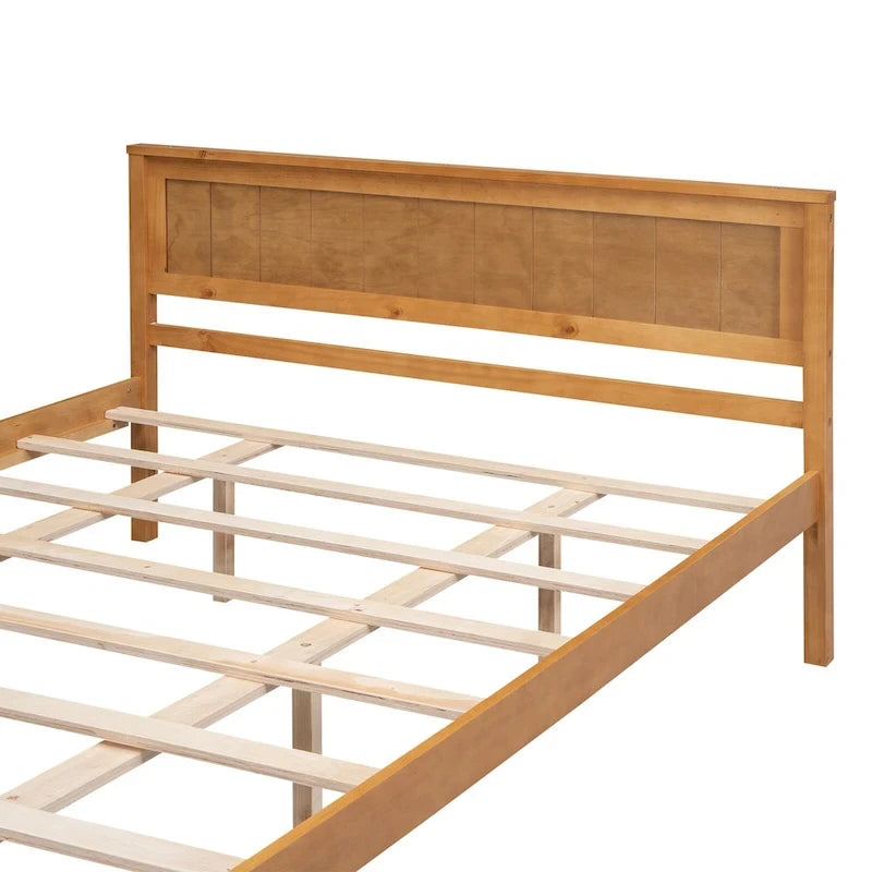 Pine Wooden Platform Bed with Headboard and Wood Slat Support for Bedroom