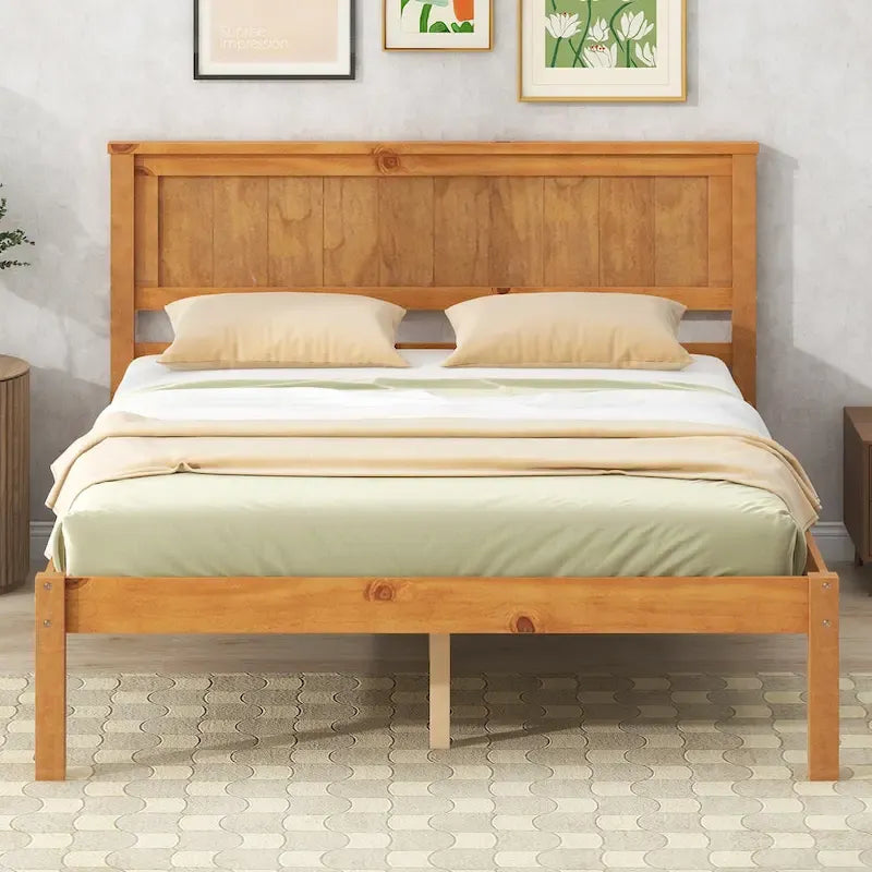 Pine Wooden Platform Bed with Headboard and Wood Slat Support for Bedroom