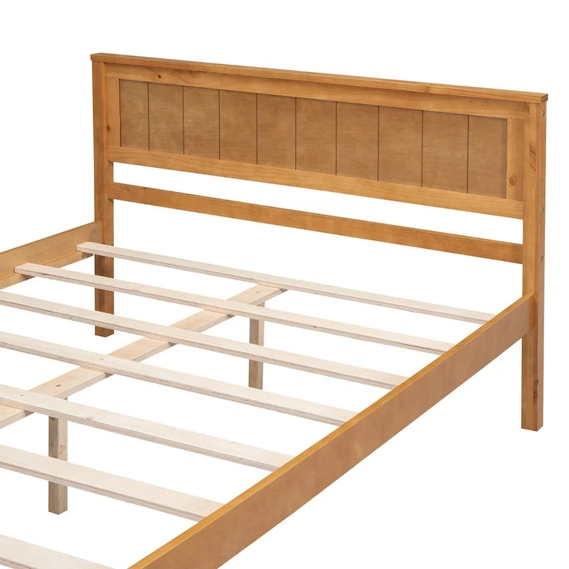 Pine Wooden Platform Bed with Headboard and Wood Slat Support for Bedroom