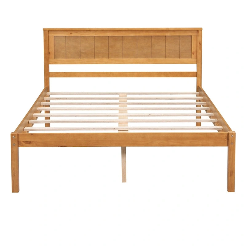Pine Wooden Platform Bed with Headboard and Wood Slat Support for Bedroom