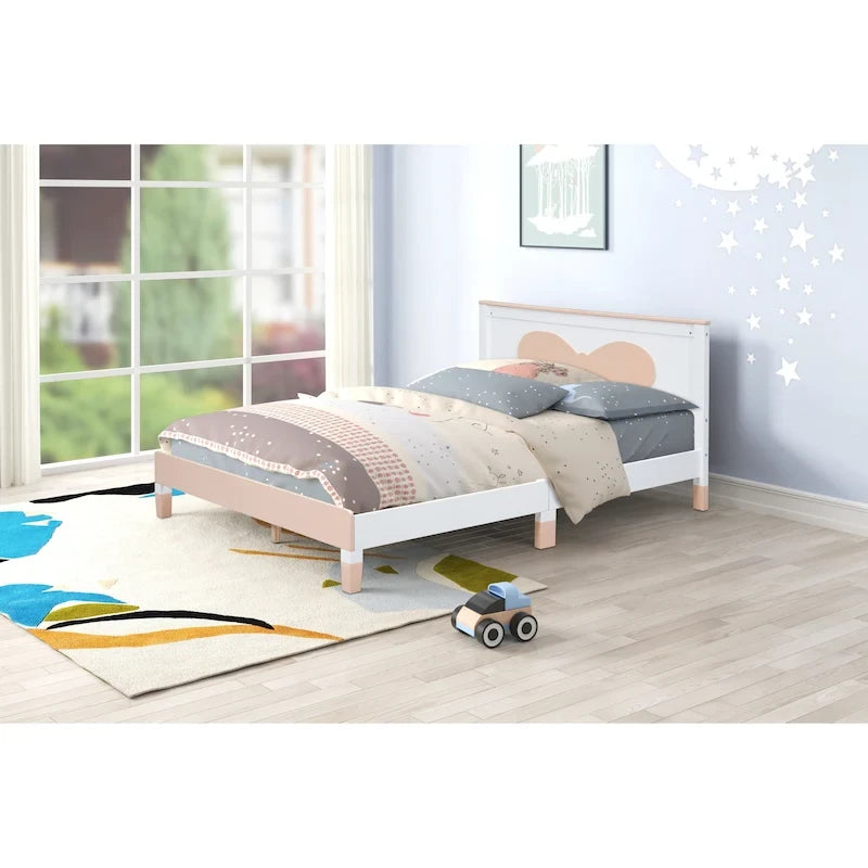 Lit plateforme double en bois avec tête de lit à motif en arc pour chambre d'enfant