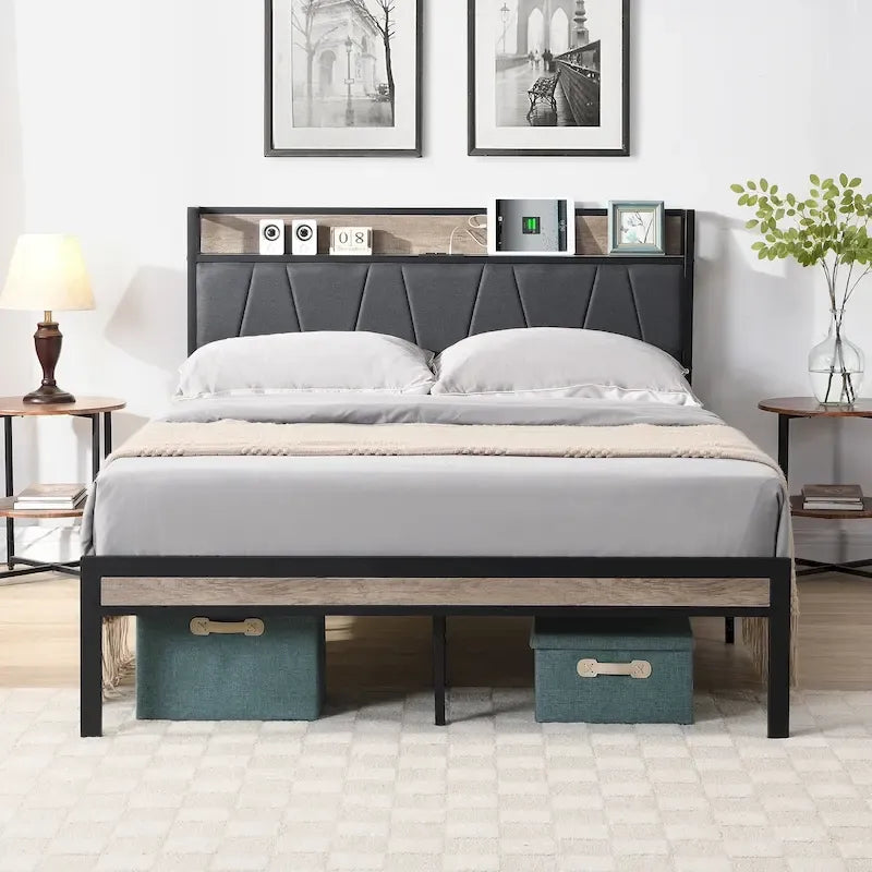 Lit plateforme queen size en métal avec tête de lit rembourrée et USB