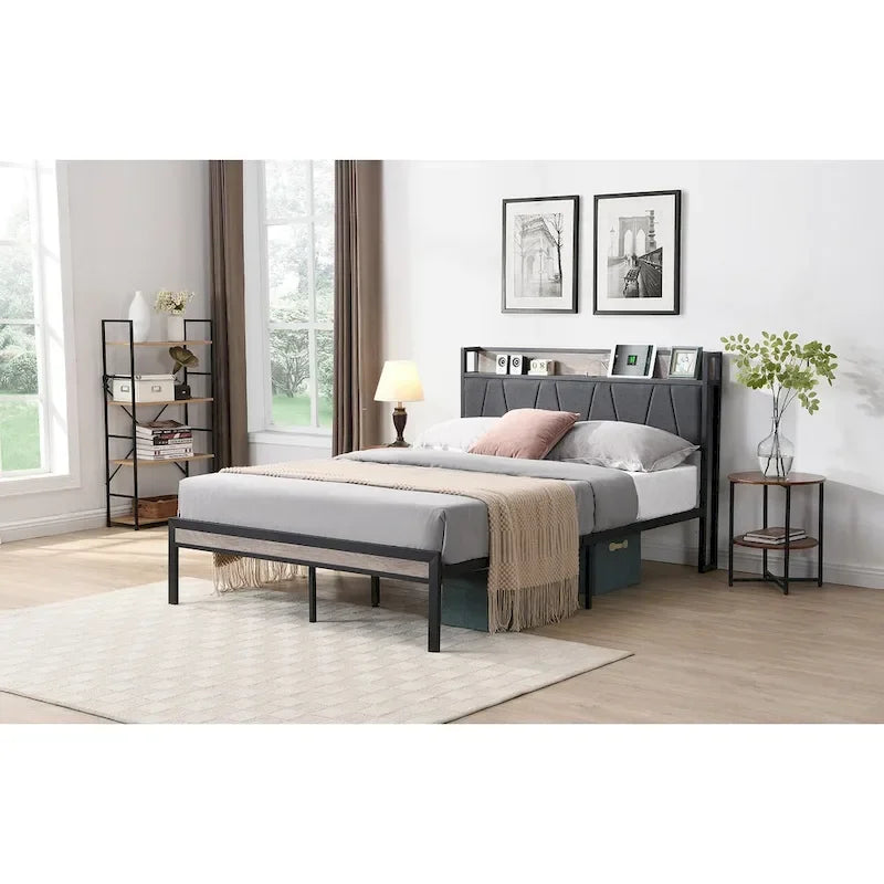 Lit plateforme queen size en métal avec tête de lit rembourrée et USB
