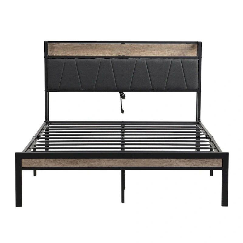 Lit plateforme queen size en métal avec tête de lit rembourrée et USB