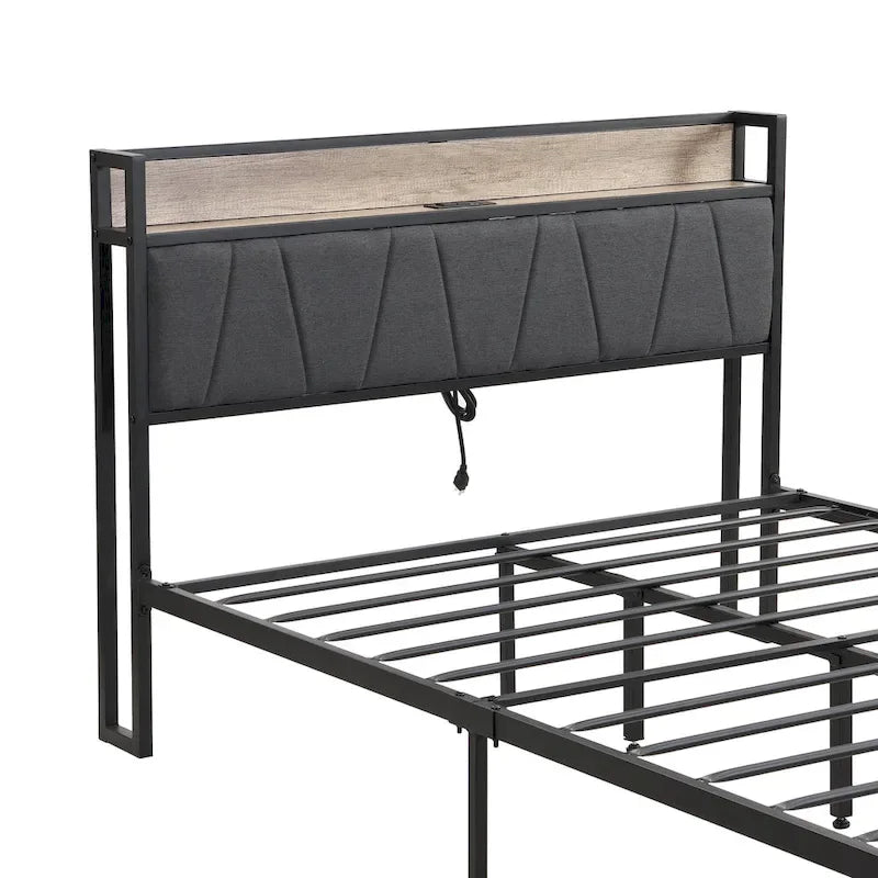 Lit plateforme queen size en métal avec tête de lit rembourrée et USB