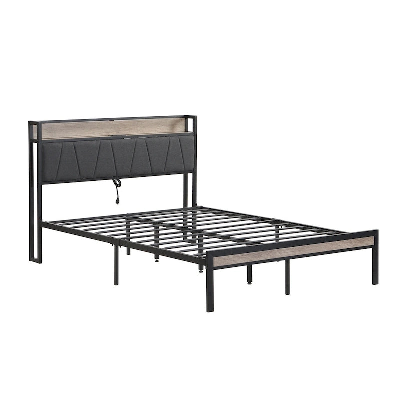 Lit plateforme queen size en métal avec tête de lit rembourrée et USB