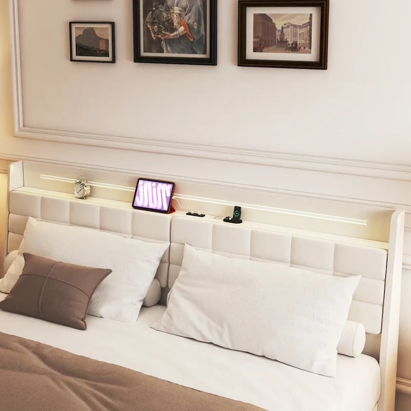 Lit plateforme capitonné flottant King Size avec rangement dissimulé