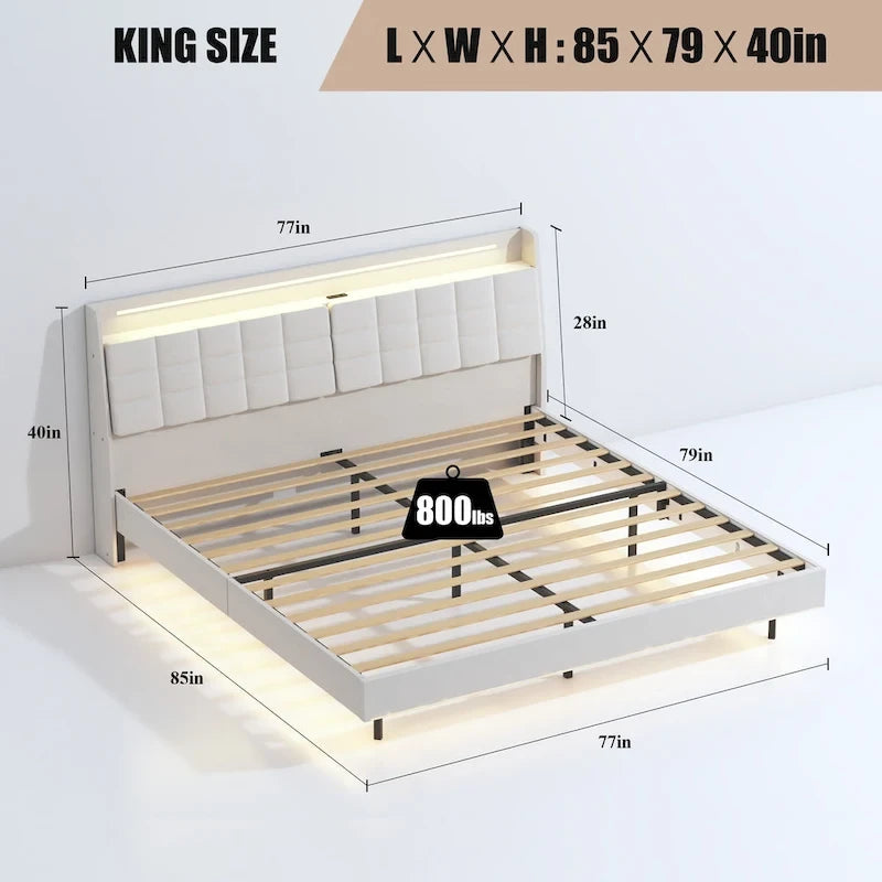 Lit plateforme capitonné flottant King Size avec rangement dissimulé