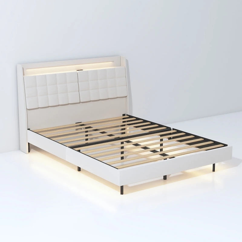 Lit plateforme capitonné flottant King Size avec rangement dissimulé