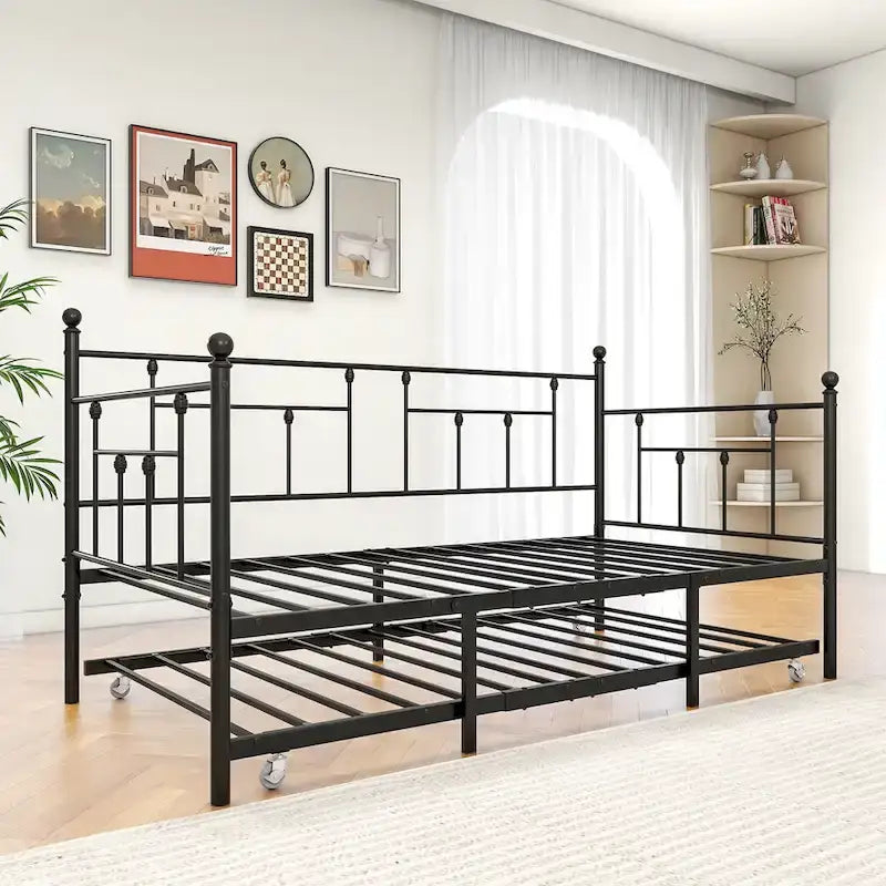Twin Size Metal Daybed with Trundle for Kids or Guests