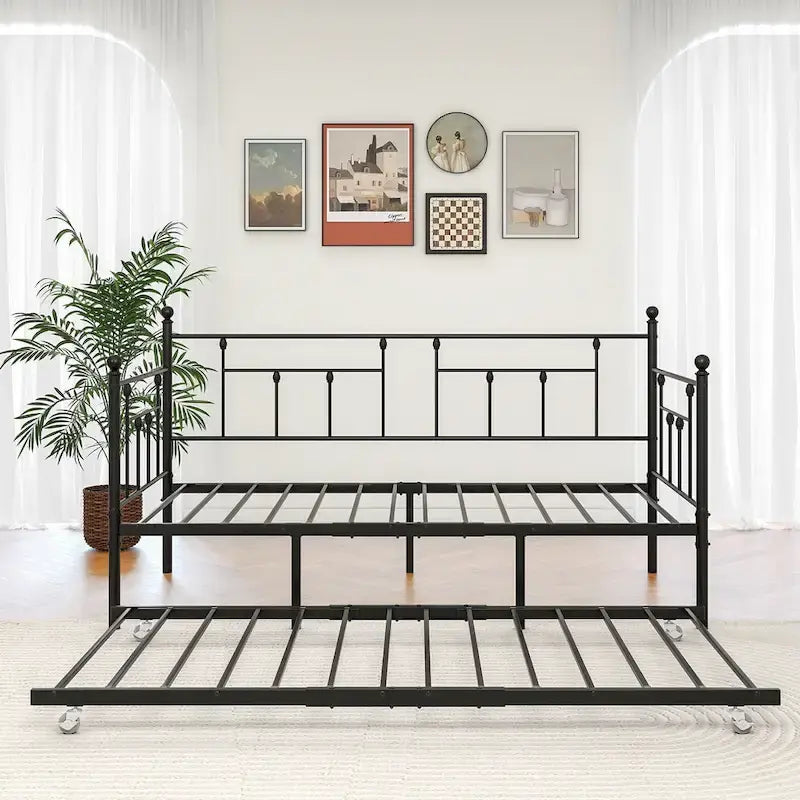 Twin Size Metal Daybed with Trundle for Kids or Guests