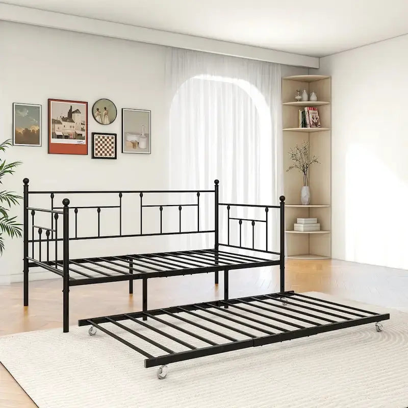 Twin Size Metal Daybed with Trundle for Kids or Guests