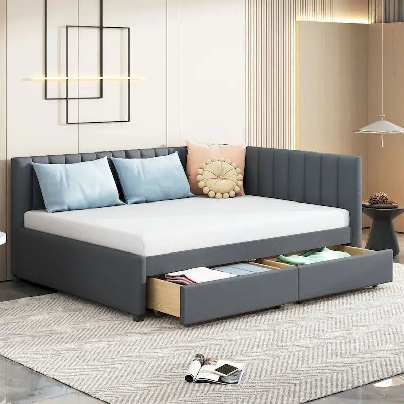 Lit de repos rembourré pleine grandeur moderne gris avec deux tiroirs de rangement pour chambre à coucher