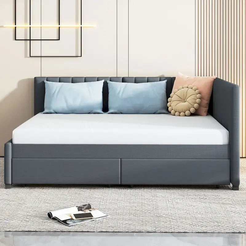 Lit de repos rembourré pleine grandeur moderne gris avec deux tiroirs de rangement pour chambre à coucher