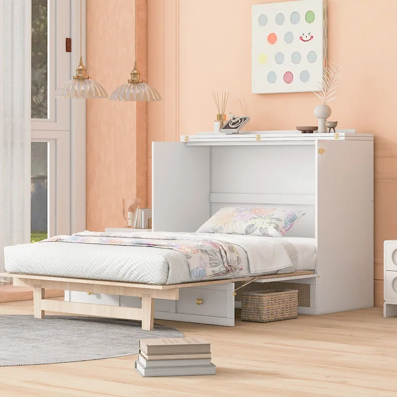 White Queen Size Modern Style Murphy Bed with Versatile Storage Large Drawers for Bedroom