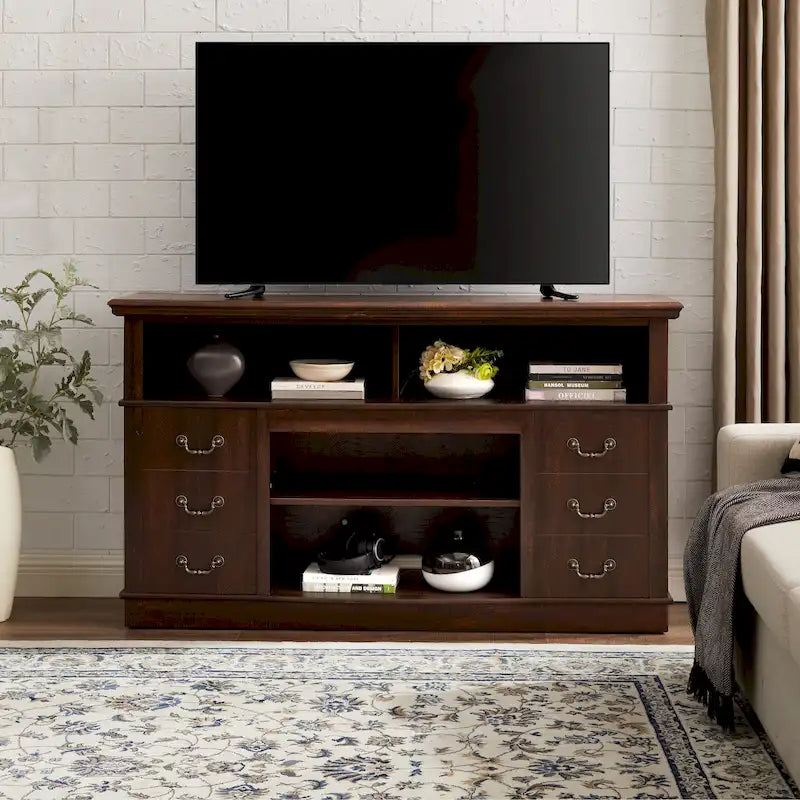 Meuble TV traditionnel de 60 po avec espaces de rangement ouverts et fermés pour téléviseurs allant jusqu'à 65 po