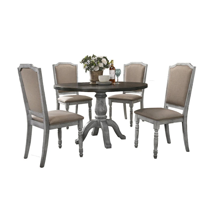 Ensemble de salle à manger vintage 5 pièces avec table ronde à pied central et chaises