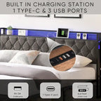 Lit plateforme King rembourré gris avec tête de lit de rangement, station de recharge et lumières LED