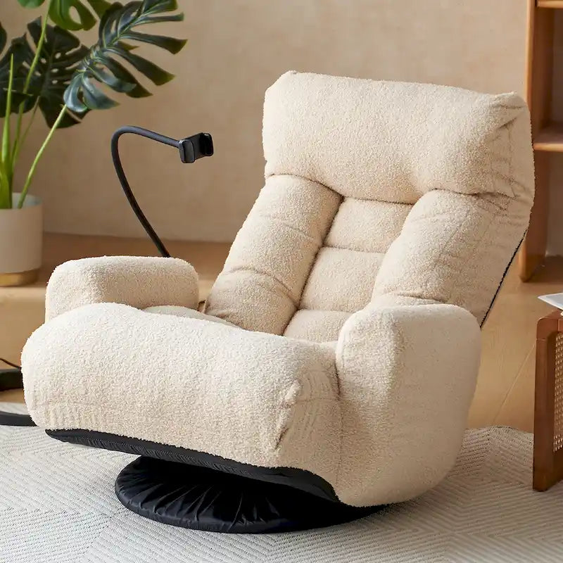 Upholstered 360 Swivel Manual Leisure Recliner with Mobile Phone Holder, Adjustable Headrest and Backrest