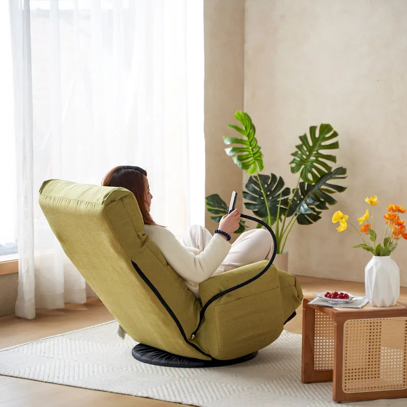 Upholstered 360 Swivel Manual Leisure Recliner with Mobile Phone Holder, Adjustable Headrest and Backrest