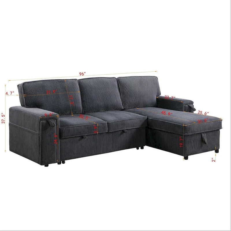 96 Chenille 3-Seat Sleeper Sectional Sofa with Storage Chaise