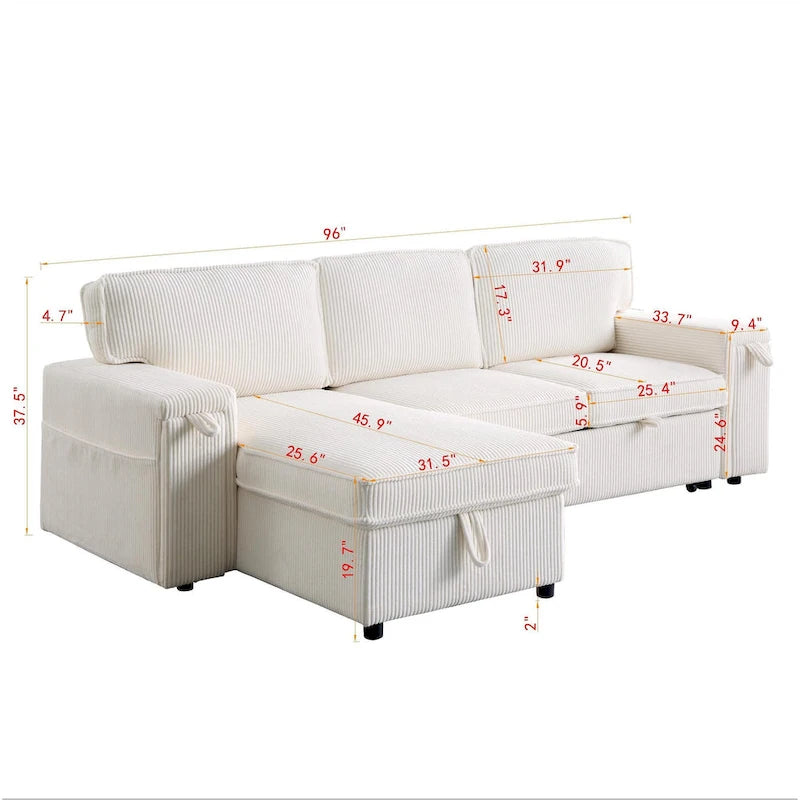 96 Chenille 3-Seat Sleeper Sectional Sofa with Storage Chaise
