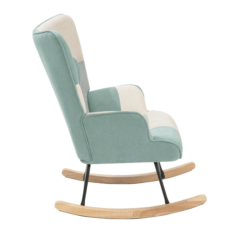 Blue Colorful Modern 35.4 High Back Upholstered Rocking Chair with Ottoman and Wood Legs for Living Room