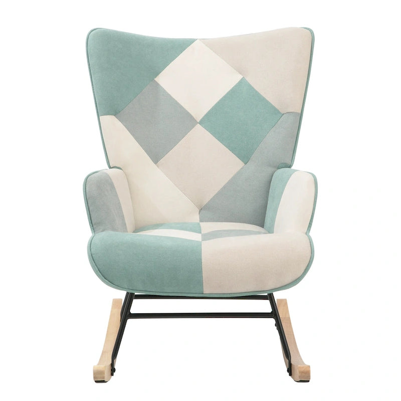 Blue Colorful Modern 35.4 High Back Upholstered Rocking Chair with Ottoman and Wood Legs for Living Room