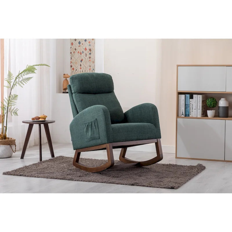 Modern 27 Upholstered Rocking Chair with Wood Legs and Side Pocket