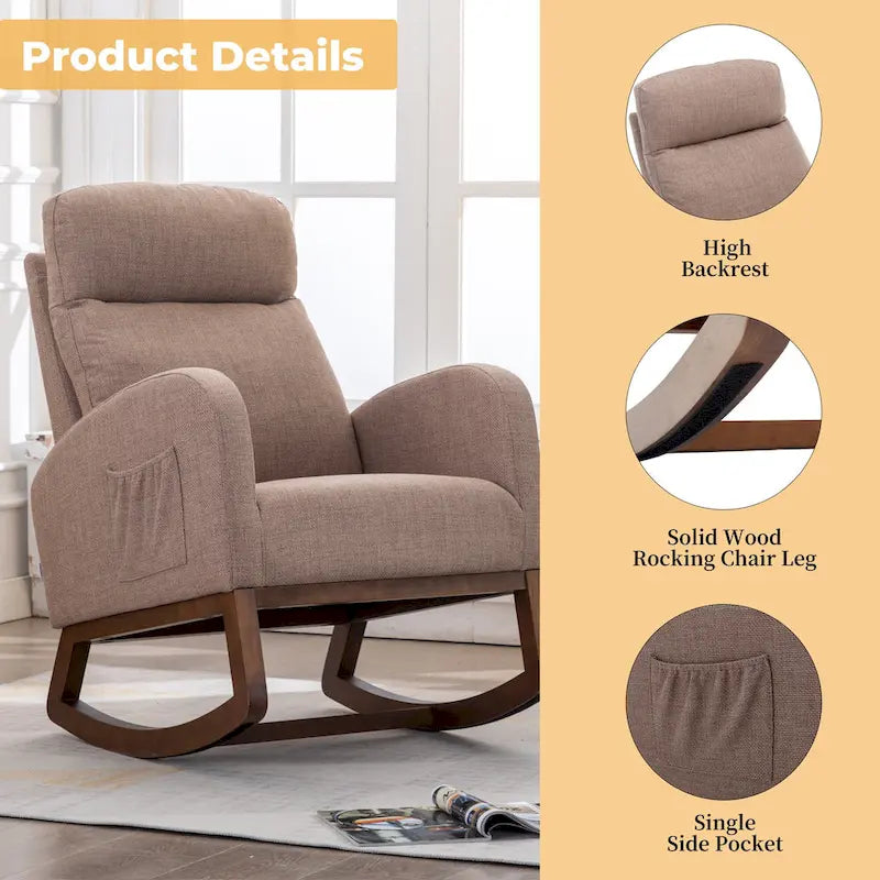 Modern 27 Upholstered Rocking Chair with Wood Legs and Side Pocket