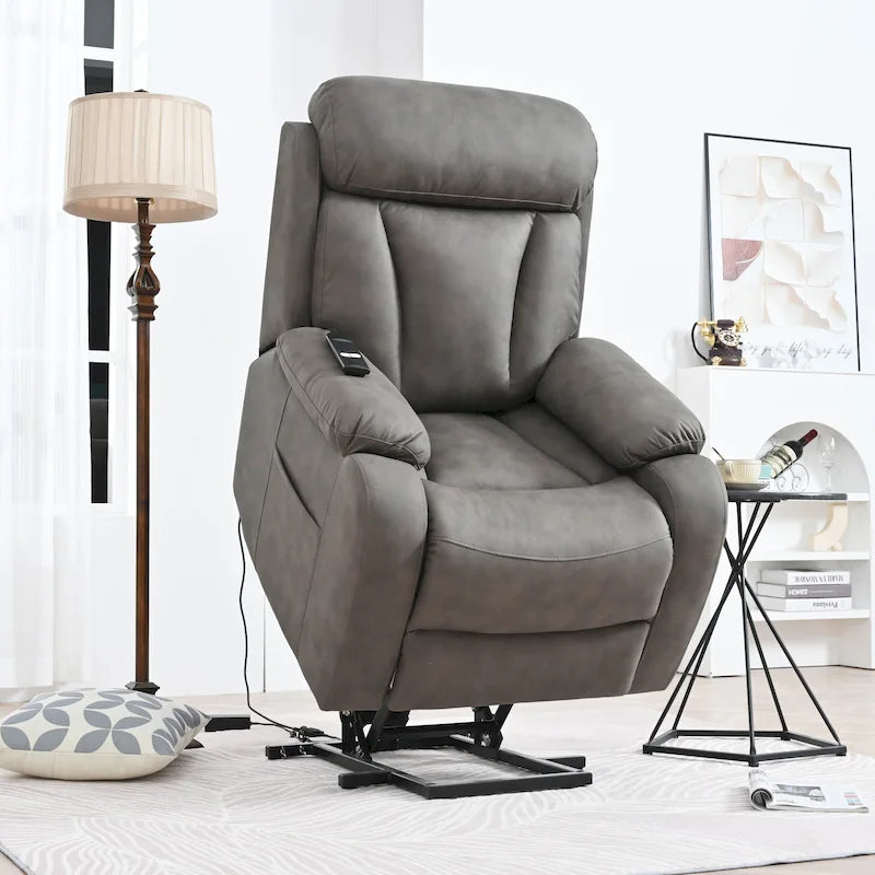 Grey Fabric Power Lift Recliner Chair for Elderly, with Remote Control, Overstuffed Cushion, Side Pocket, and Heavy-Duty Frame