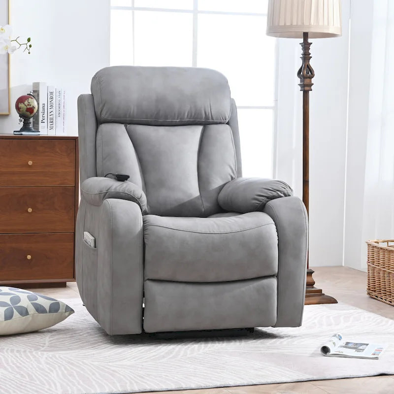 Grey Fabric Power Lift Recliner Chair for Elderly, with Remote Control, Overstuffed Cushion, Side Pocket, and Heavy-Duty Frame