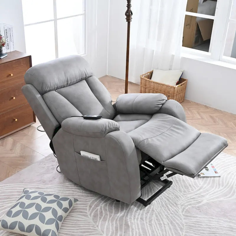 Grey Fabric Power Lift Recliner Chair for Elderly, with Remote Control, Overstuffed Cushion, Side Pocket, and Heavy-Duty Frame