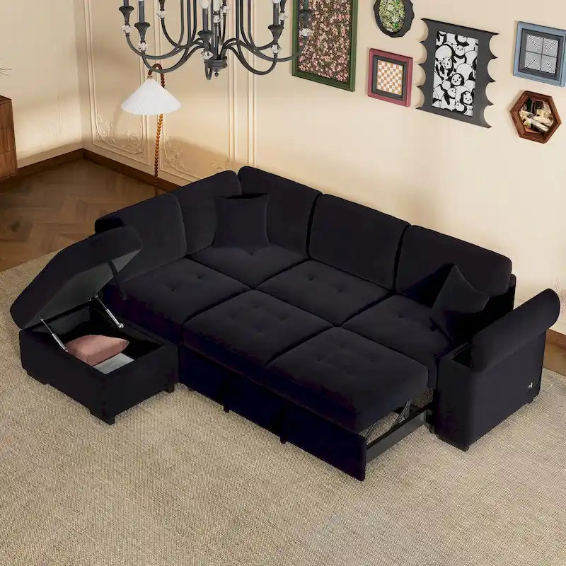 84.75 L-Shape 5 Seat Sectional Sofa with Pull-Out Bed, Storage Ottoman, Hidden Arm Storage & USB Charging
