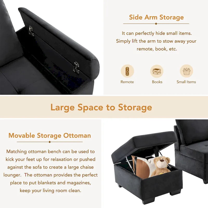 84.75 L-Shape 5 Seat Sectional Sofa with Pull-Out Bed, Storage Ottoman, Hidden Arm Storage & USB Charging